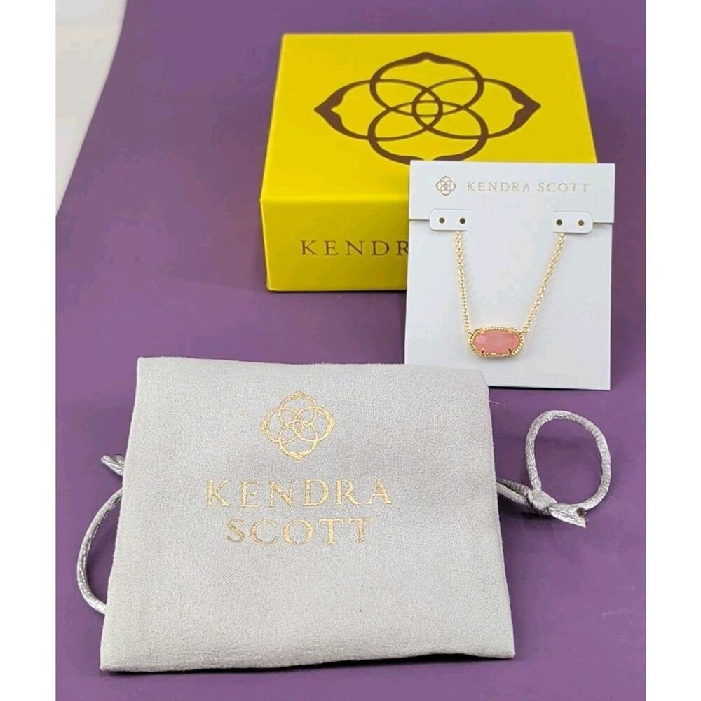 Kendra Scott Elisa 14K Gold Plated Pendant Necklace in Rose Quartz W/Box & Bag